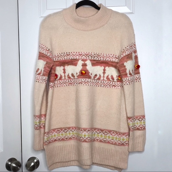 ANTHROPOLOGIE Pale pink peach llama Pom Pom sweater medium - Picture 5 of 10